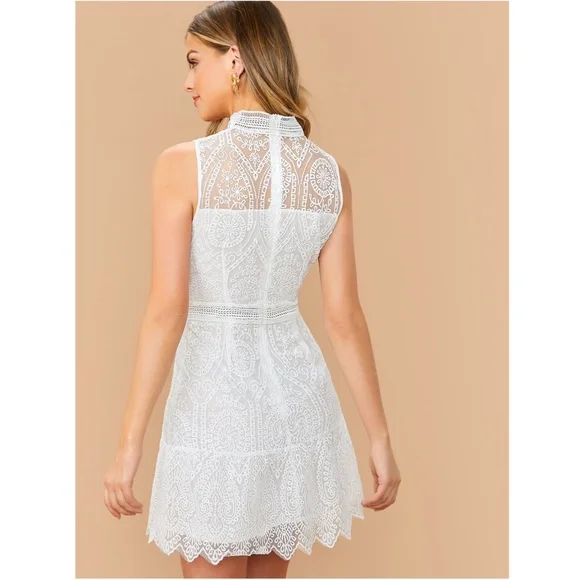 White Lace Dress Fit and Flared High Neck Embroidered Mesh - Picture 2 of 6